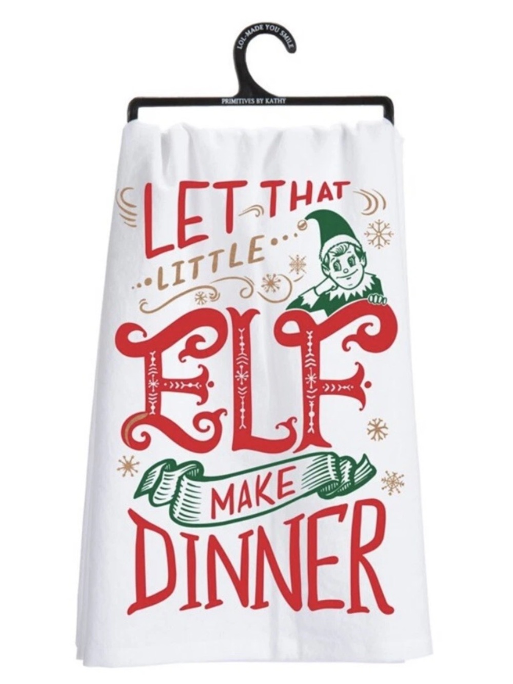 Primitives by Kathy White Tea Towel with Red and Green Elf Holiday Print